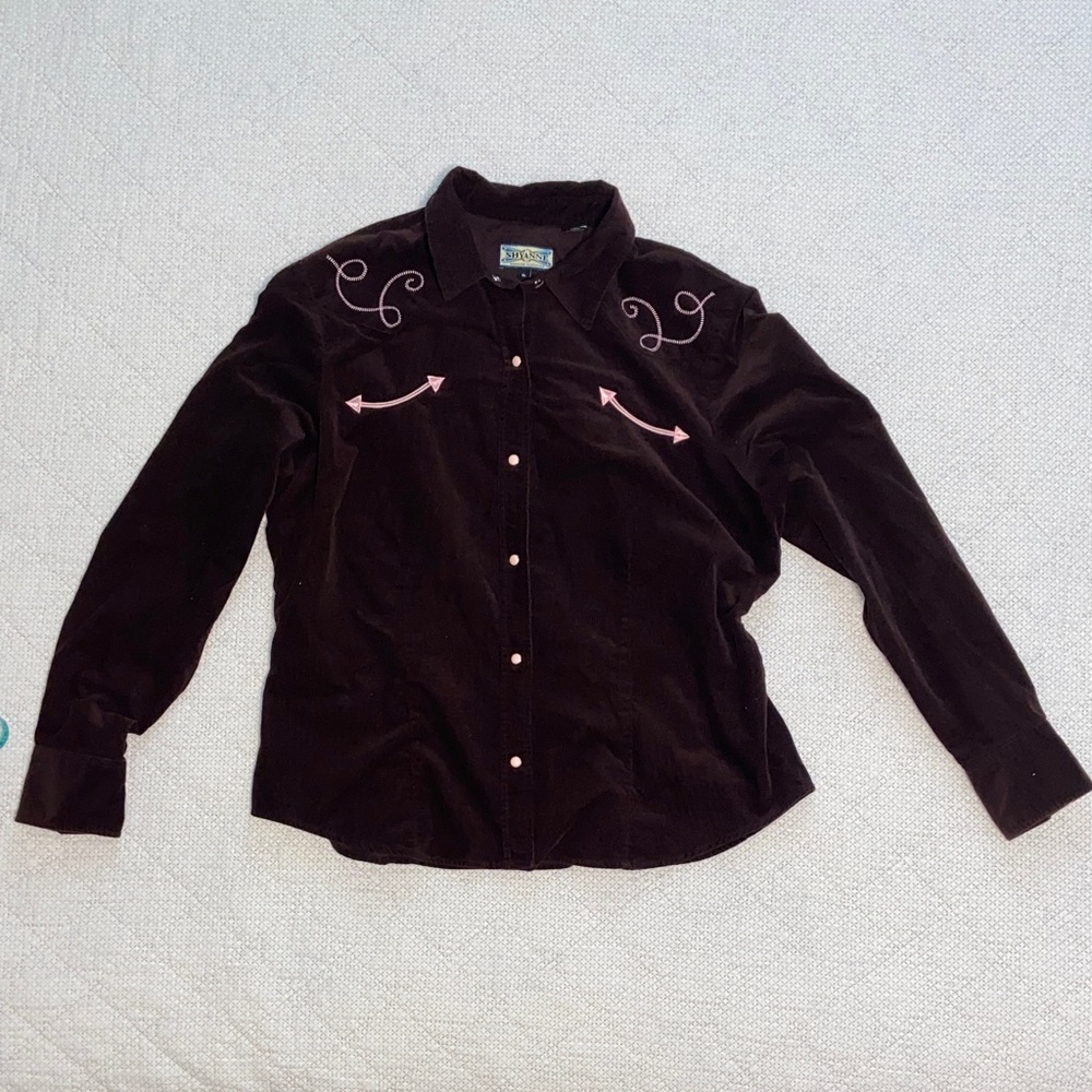 Vintage Western-Inspired western Velvet Shirt - Brown with Pink Embroidery